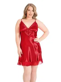 Ahu Lingerie Büyük Beden Kırmızı Kısa Saten Gecelik Primoda Ahu Lingerie 2067