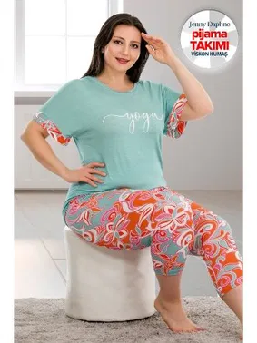 Lady Büyük Beden Kısa Kol Viskon Kapri Pijama Takımı Lady 10685 - Alternatif Görünüm