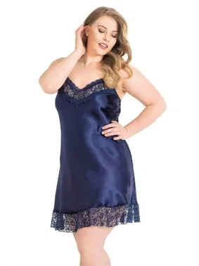 Ahu Lingerie Büyük Beden Lacivert Kısa Saten Gecelik Primoda Ahu 2062