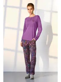 Doreanse Büyük Beden Mor Desenli Uzun Kollu Kadın Pijama Takımı Doreanse 25K4039P