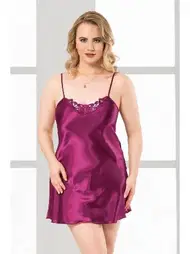 Ahu Lingerie Büyük Beden Mor Kısa Saten Gecelik Ahu Primoda 2022