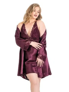 Ahu Lingerie Büyük Beden Mürdüm Kısa İkili Saten Sabahlık Gecelik Takımı Ahu 6162