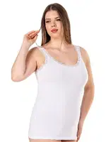 Büyük Beden Pamuklu Yakası Dantel Detaylı Kalın Askılı Kadın Atlet Özkan 26802  Beyaz