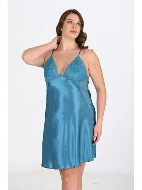 Ahu Lingerie Büyük Beden Petrol Mavisi Saten Gecelik Ahu Primoda 2110