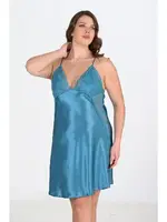 Büyük Beden Petrol Mavisi Saten Gecelik Ahu Primoda 2110 Mavi