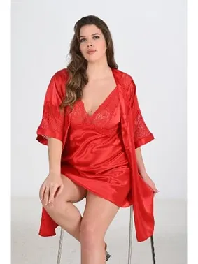 Ahu Lingerie Büyük Beden Saten 2li Kırmızı Gecelik Sabahlık Takım Bigsize Ahu 6207