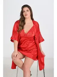 Ahu Lingerie Büyük Beden Saten 2li Kırmızı Gecelik Sabahlık Takım Bigsize Ahu 6207