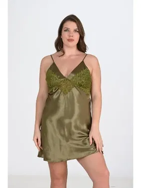 Ahu Lingerie Büyük Beden Saten Haki Gecelik Ahu Primoda 2104