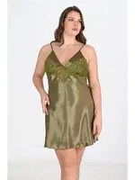 Büyük Beden Saten Haki Gecelik Ahu Primoda 2104 Yeşil detay görünüm