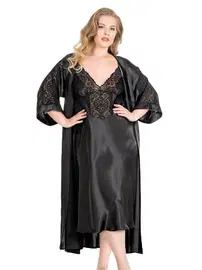 Ahu Lingerie Büyük Beden Siyah Uzun İkili Saten Sabahlık Gecelik Takımı Ahulingerie 6173