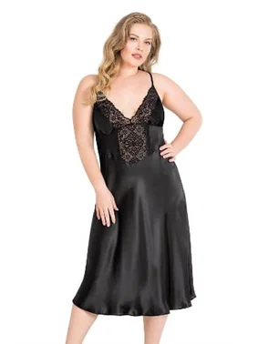 Ahu Lingerie Büyük Beden Siyah Uzun İkili Saten Sabahlık Gecelik Takımı Ahulingerie 6173 - Alternatif Görünüm