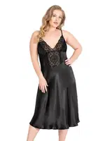 Büyük Beden Siyah Uzun İkili Saten Sabahlık Gecelik Takımı Ahulingerie 6173 Siyah detay görünüm