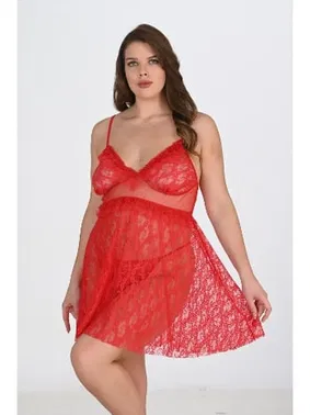 Ahu Lingerie Büyük Beden Tül Dantelli Transparan Kadın Kırmızı Gecelik Ahu Primoda 3040