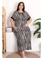 Büyük Beden Viskon Anne Beden Elbise Çizgili Gecelik Lady 7256 Siyah