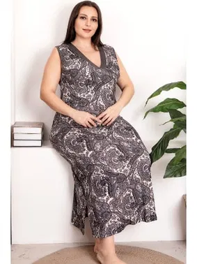 Lady Büyük Beden Viskon Kumaş Anne Elbise Gri Çiçek Desenli Lady 7265