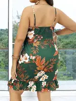 Büyük Beden Yeşil Çiçekli Askılı Fırfır Mini Kadın Elbise Pink Night 6623 Yeşil detay görünüm