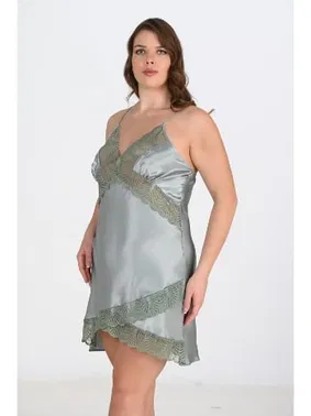Ahu Lingerie Büyük Beden Yeşil Saten Dantelli Gecelik Ahu Primoda 2113