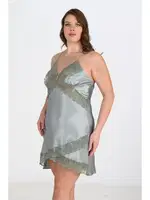 Büyük Beden Yeşil Saten Dantelli Gecelik Ahu Primoda 2113 Yeşil