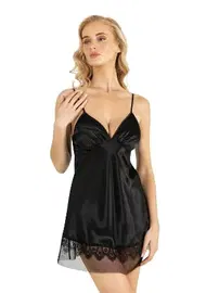 Ahu Lingerie Büzgülü Siyah Kısa Saten Gecelik Ahu Primoda 8248