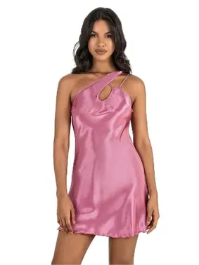 Ahu Lingerie Çapraz Çift Askılı Pembe Kısa Saten Gecelik Ahu Primoda 8207 