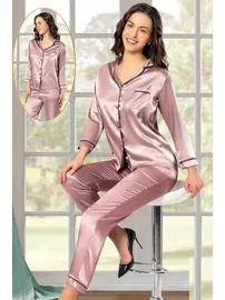 XSES Cepli Gömlek Yaka Saten Önden Düğmeli Vizon Kadın Pijama Takımı XSES 2105