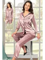 Cepli Gömlek Yaka Saten Önden Düğmeli Vizon Kadın Pijama Takımı XSES 2105 Vizon