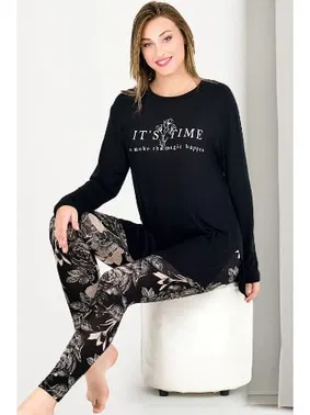 Lady Çiçek Desenli Bisiklet Yaka Uzun Kollu Kapri Lady Pijama Takımı 11671