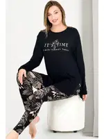 Çiçek Desenli Bisiklet Yaka Uzun Kollu Kapri Lady Pijama Takımı 11671 Siyah