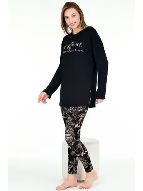 Lady Çiçek Desenli Bisiklet Yaka Uzun Kollu Kapri Lady Pijama Takımı 11671 - Alternatif Görünüm