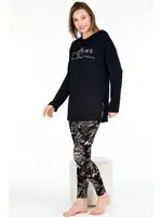 Çiçek Desenli Bisiklet Yaka Uzun Kollu Kapri Lady Pijama Takımı 11671 Siyah detay görünüm