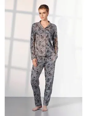Doreanse Çiçek Desenli Gri Gömlek Yaka Kadın Pijama Takımı Doreanse 25K4030