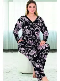 Lady Çiçek Desenli Uzun Kollu Büyük Beden Viskon Pijama Takımı Lady 11373
