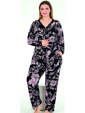 Lady Çiçek Desenli Uzun Kollu Büyük Beden Viskon Pijama Takımı Lady 11373 - Alternatif Görünüm