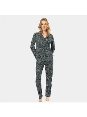 Türen Düğmeli Çiçek Desenli Uzun Kollu Gömlek Yaka Kadın Pijama Takımı Türen 3379