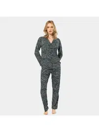 Türen Düğmeli Çiçek Desenli Uzun Kollu Gömlek Yaka Kadın Pijama Takımı Türen 3379
