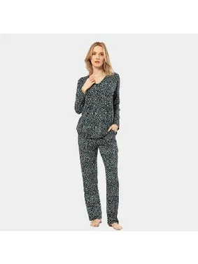 Türen Cepli Çiçek Desenli Uzun Kollu Patlı Yeşil Kadın Pijama Takımı Türen 3382