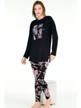 Lady Çiçek Desenli Uzun Kollu Viskon Kapri Pijama Takımı Lady 11670 - Alternatif Görünüm