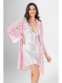 Ahu Lingerie Çizgili Dantelli 2Li Kısa Sabahlık Gecelik Takımı Ahu Loriva 1963