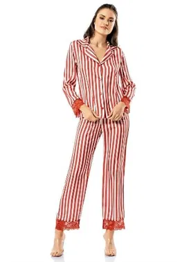 Ahu Lingerie Çizgili Kiremit İkili Saten Gecelik Pijama Takımı Ahu Loriva 1740