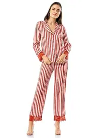 Ahu Lingerie Çizgili Kiremit İkili Saten Gecelik Pijama Takımı Ahu Loriva 1740