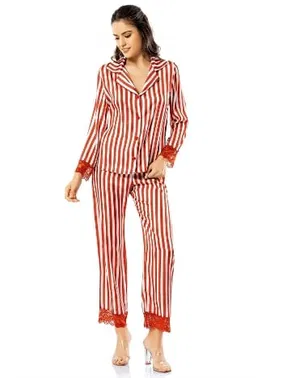 Ahu Lingerie Çizgili Kiremit İkili Saten Gecelik Pijama Takımı Ahu Loriva 1740 - Alternatif Görünüm