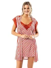 Ahu Lingerie Çizgili Kiremit Saten Sabahlık Gecelik Takımı Ahu Loriva 1738