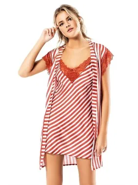 Ahu Lingerie Çizgili Kiremit Saten Sabahlık Gecelik Takımı Ahu Loriva 1738 - Alternatif Görünüm