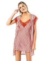 Çizgili Kiremit Saten Sabahlık Gecelik Takımı Ahu Loriva 1738 Kırmızı detay görünüm