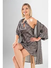 Ahu Lingerie Çizgili Metal Aksesuarlı 2Li Kısa Sabahlık Gecelik Takımı Ahu Loriva 1945