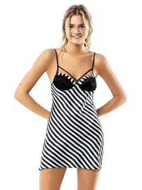 Ahu Lingerie Çizgili Siyah Kısa Saten Gecelik Ahu Loriva 1739