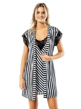 Ahu Lingerie Çizgili Siyah Saten Sabahlık Gecelik Takımı Loriva Ahu 1738