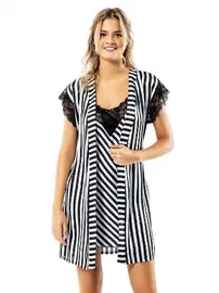 Ahu Lingerie Çizgili Siyah Saten Sabahlık Gecelik Takımı Loriva Ahu 1738