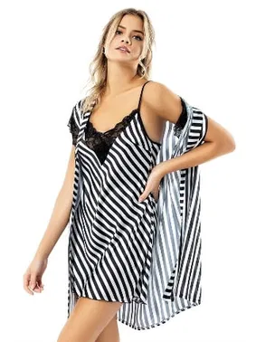 Ahu Lingerie Çizgili Siyah Saten Sabahlık Gecelik Takımı Loriva Ahu 1738 - Alternatif Görünüm