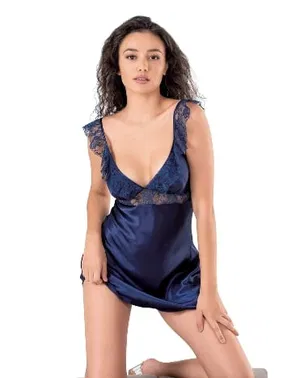 Ahu Lingerie Dantel Askılı Lacivert Kısa Saten Gecelik Ahu Primoda 8108